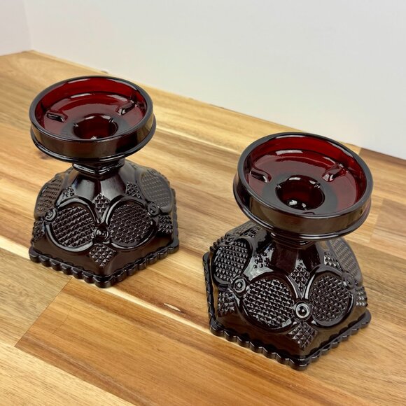 Vintage Avon Cape Cod Collection Ruby Pillar Candle Holders/Pedestal Candy Dish - Picture 5 of 5